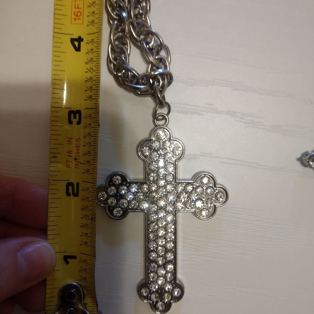 Large Rhinestone Cross On 3 Chains - Picture 3 of 3